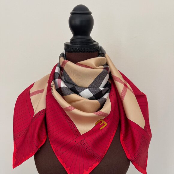 NWT Burberry Scarf Logo Iconic Beige Check Red Border Silk Wrap - Picture 10 of 15